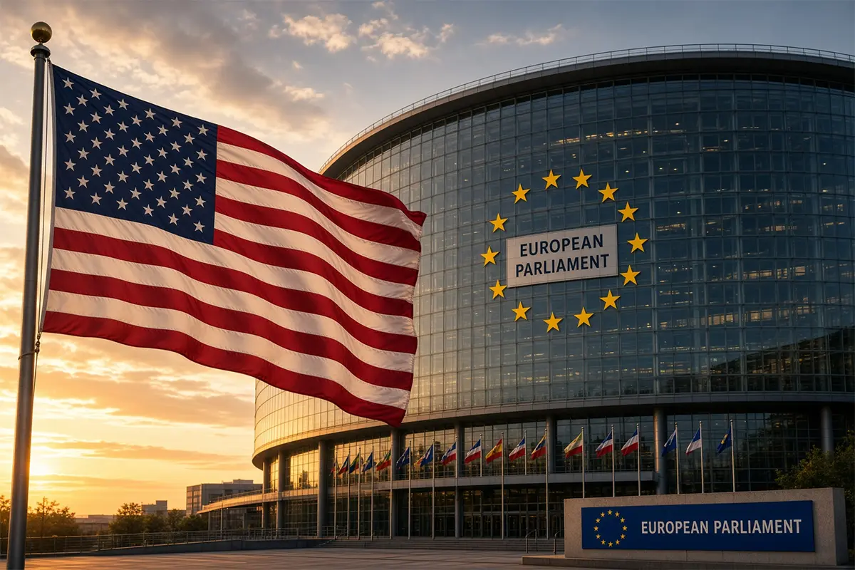 American Flag flies defiant by the European Parliament